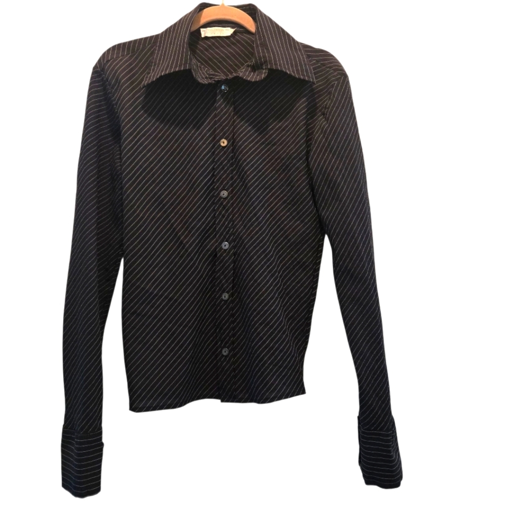 Vintage Y2K Euro Blouse M Italy Striped Black Top Long Sleeve Button Shirt